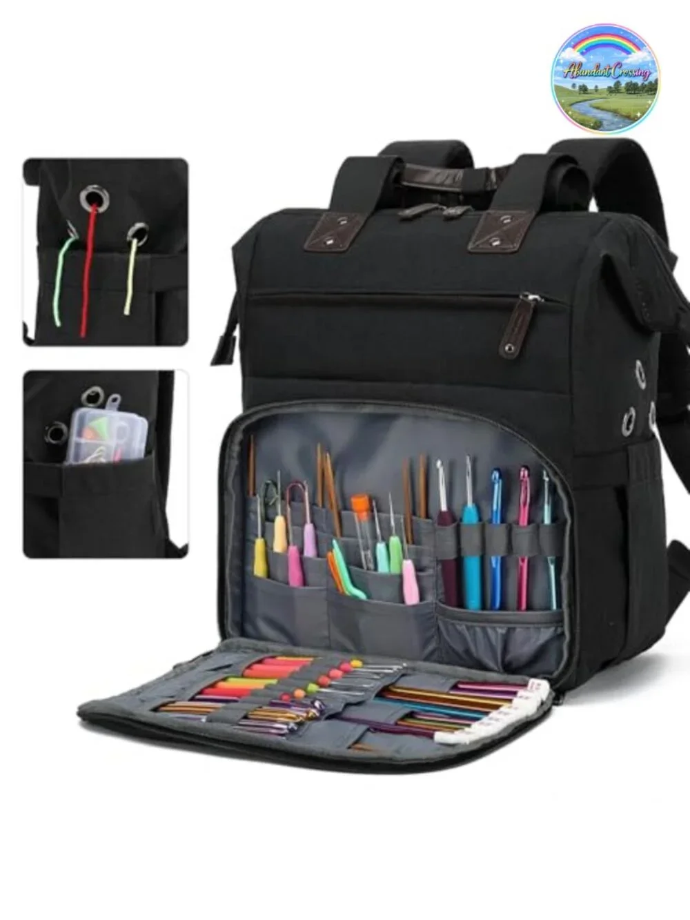 Knitting Bag Backpack Yarn Storage Organizer with USB Port, Tote for Needles &